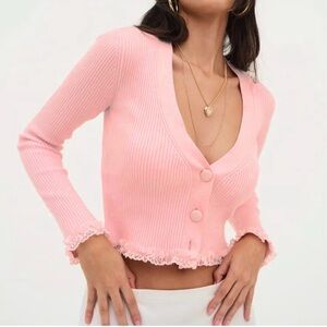 FOR LOVE & LEMONS S Nina Pink ribbed V neck long sleeve lace trimmed cardigan